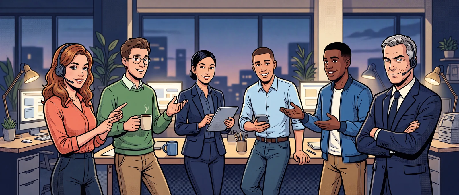 Zoé, Milo, Chloé, Max, Scout et le Capitaine réunis dans leur bureau, tournés vers vous