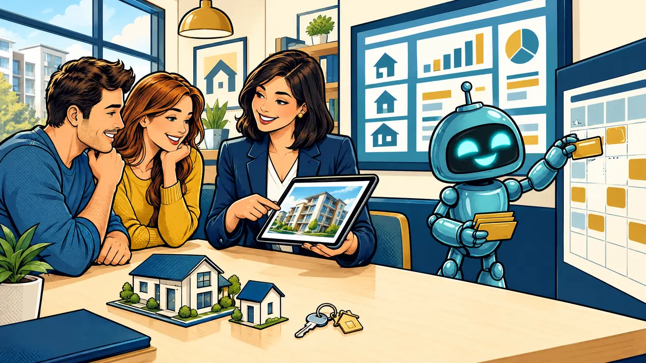 Dans une agence immobilière lumineuse, une conseillère montre un appartement sur une tablette à un couple, pendant que le robot Sparky, à côté d'un grand écran de tableau de bord et de maquettes de maisons, organise les visites dans un agenda.