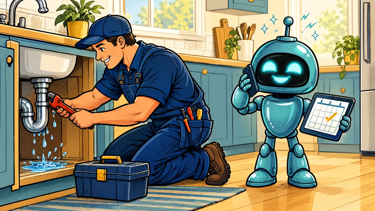 Un plombier accroupi sous un évier répare une fuite pendant que le robot Sparky, à côté de lui, répond au téléphone et note un rendez-vous sur une tablette, entre clé à molette, tuyaux et gouttes d'eau.