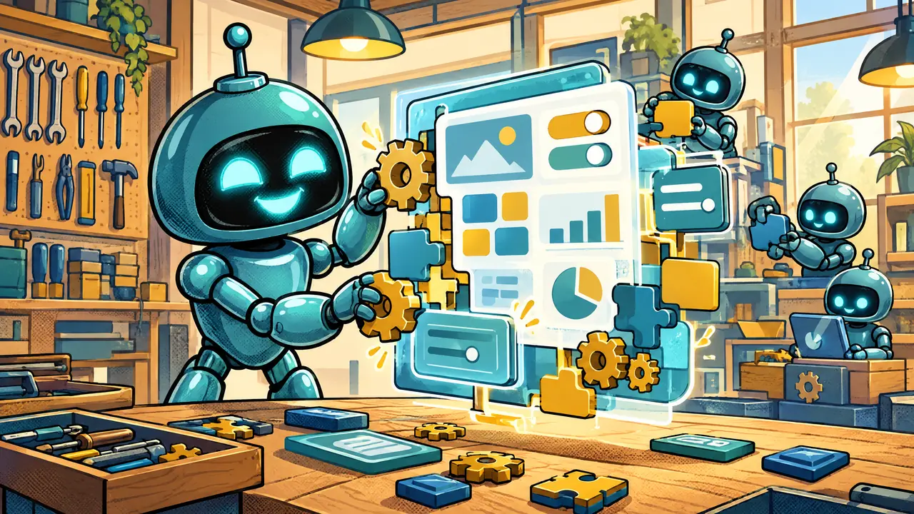 Le robot Sparky, sur un établi d'atelier lumineux, assemble les pièces d'une application : un grand écran de tableau de bord, des blocs d'engrenages dorés et des petites cartes d'interface, comme un artisan qui fabrique un outil sur mesure.