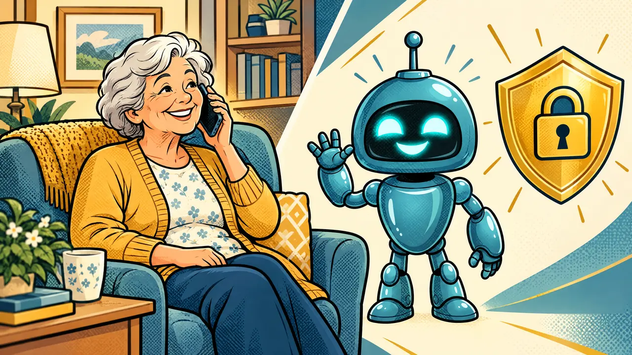 Le robot Sparky salue avec bienveillance une cliente âgée qui lui parle au téléphone, avec un bouclier doré et un cadenas qui symbolisent la protection des données.
