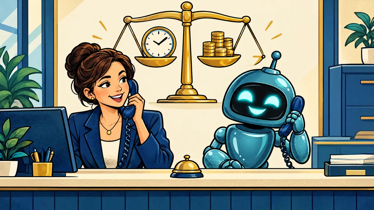 Une secrétaire souriante et le robot Sparky, côte à côte derrière un comptoir d'accueil, se partagent les appels devant une balance dorée, une horloge et des pièces.