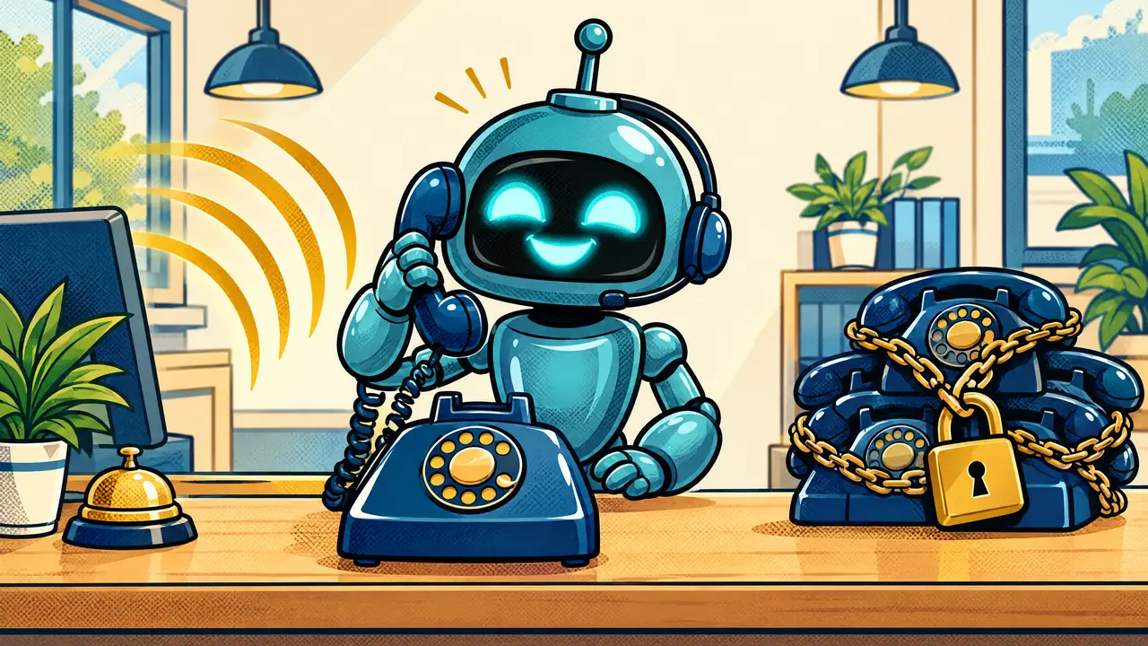 Le robot Sparky, casque sur la tête, accueille avec le sourire un appel entrant sur un grand téléphone, à côté d'une pile de vieux téléphones d'appels sortants fermée par un cadenas doré.