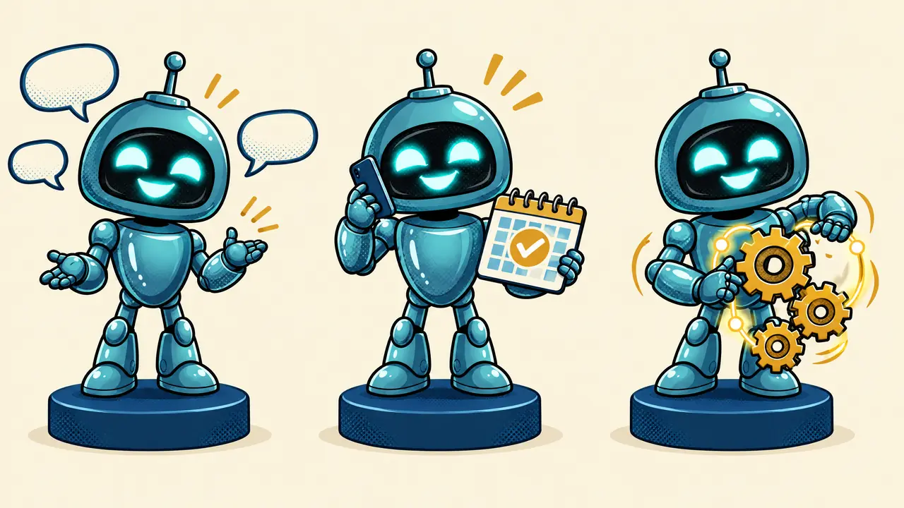 Trois robots Sparky côte à côte, chacun dans son rôle : le premier discute entouré de bulles de conversation vides, le deuxième tient un téléphone et un agenda, le troisième fait tourner des engrenages dorés reliés entre eux.