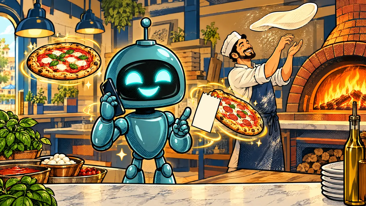 Une pizzeria avec son four à bois : le pizzaïolo lance une pâte pendant que le robot Sparky prend une commande au téléphone, un ticket de commande à la main, entouré de pizzas qui flottent.