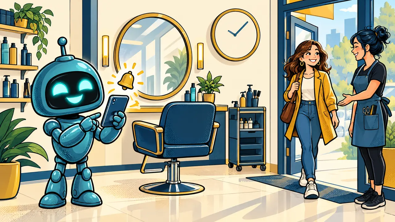 Un salon de coiffure avec un fauteuil vide et une grande horloge. Le robot Sparky envoie un rappel depuis un téléphone, et une cliente de la liste d'attente arrive, ravie, pour prendre la place libérée.