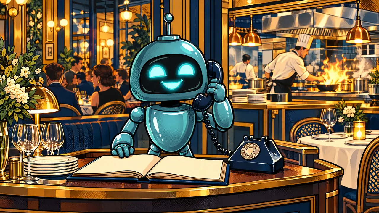 Un bistrot en plein service du soir : le chef débordé en cuisine, et le robot Sparky au pupitre d'accueil qui répond au téléphone à côté du carnet de réservations.