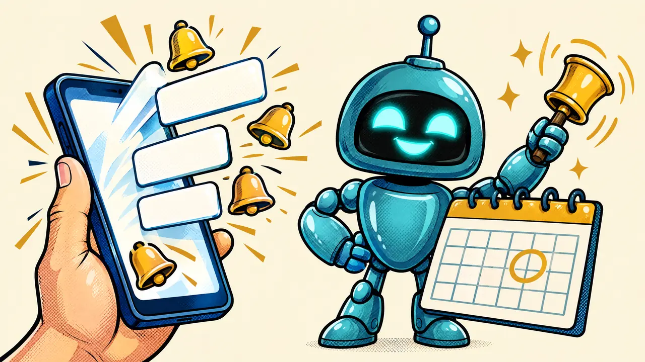 Une main tient un smartphone d'où s'échappent des notifications sans texte, à côté du robot Sparky qui tient un calendrier et une petite cloche dorée.