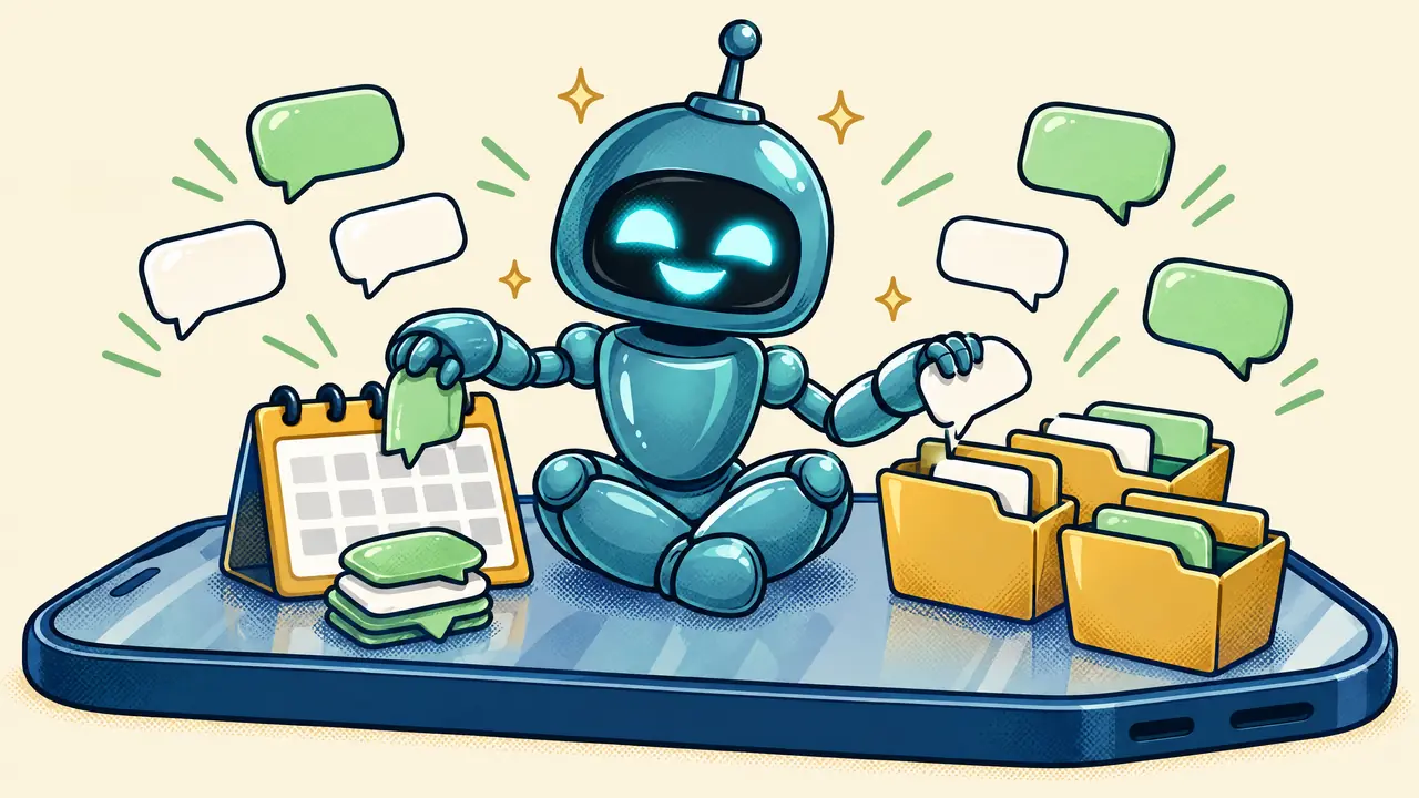 Le robot Sparky assis sur un grand smartphone, entouré de bulles de discussion vertes et blanches sans texte, range les messages dans un agenda.
