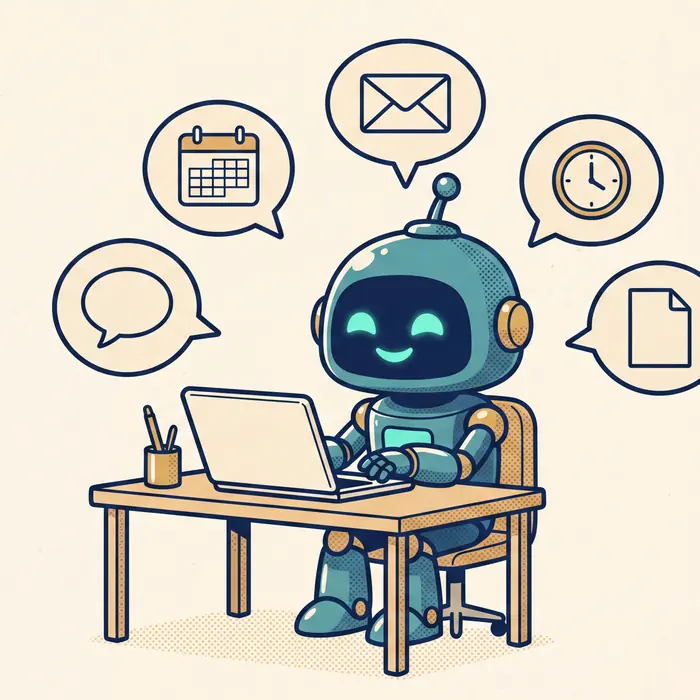 Le robot Sparky à son bureau, entouré de bulles représentant les tâches prises en charge : messages, agenda, e-mails, rappels et documents.