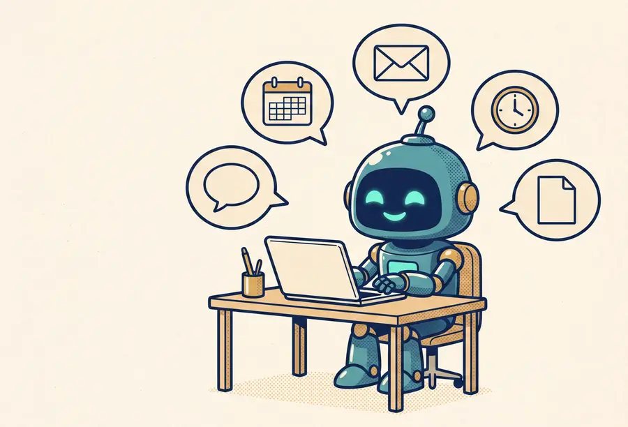 Le robot Sparky à son bureau, entouré de bulles représentant les tâches prises en charge : messages, agenda, e-mails, rappels et documents.